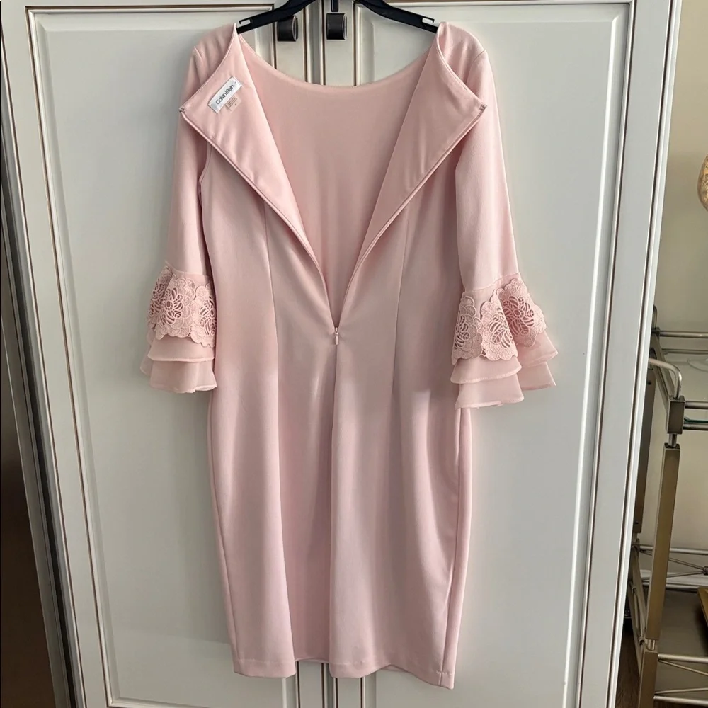 Calvin Klein Blush Pink Lace-Sleeve Midi Dress - Picture 4 of 5